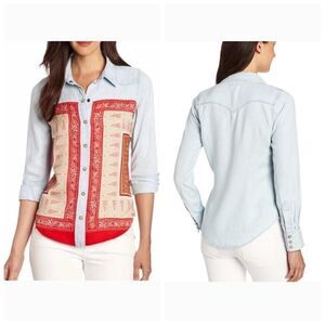 Lucky Brand cowgirl chambray bandana snap button shirt sz M